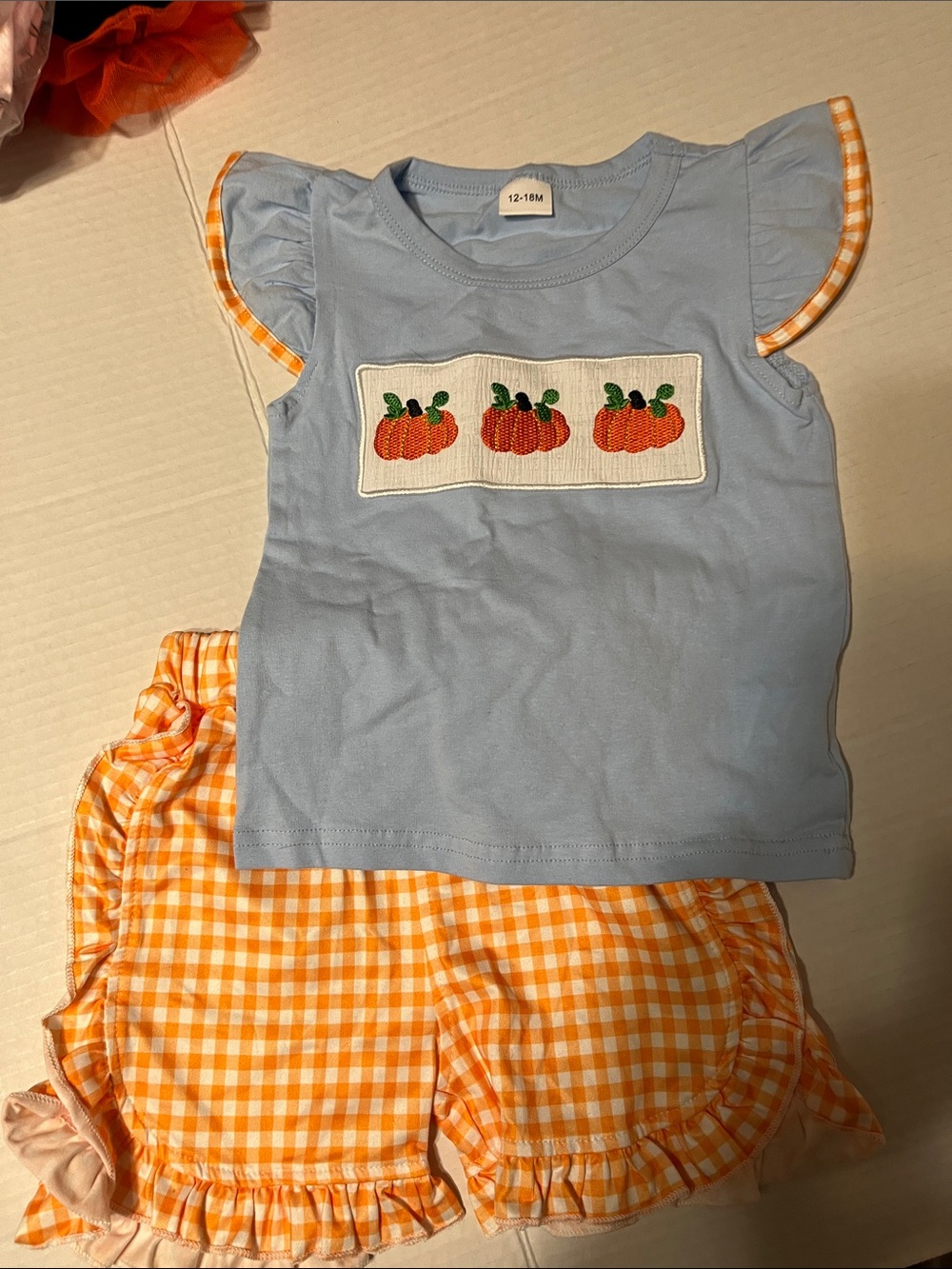 New- Girls Blue Pumpkin Smocked Top & Orange Gingham Shorts Matching Set.